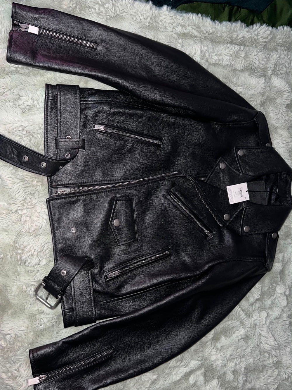Coach Black Leather Moto Jacket with Zip Details
